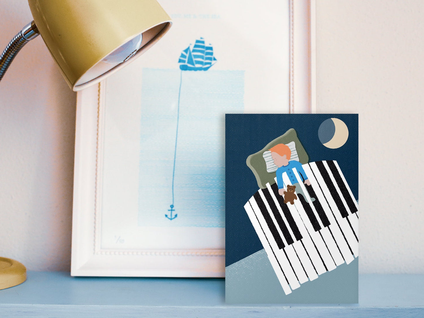 Klappkarte ›Sleep Well‹ / Karte, Grusskarte, Liebe, Geburt, Geburtstag, Baby, Taufe, Mond, Klavier, Traum, hello little one