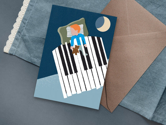 Klappkarte ›Sleep Well‹ / Karte, Grusskarte, Liebe, Geburt, Geburtstag, Baby, Taufe, Mond, Klavier, Traum, hello little one