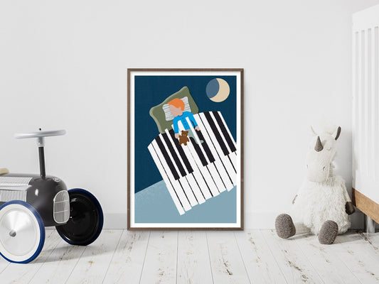 DRUCK ›Sleep Well‹ / Wanddeko, Art Print, Liebe, Geburt, Geburtstag, Baby, Taufe, Mond, Klavier, Traum, Hello little one