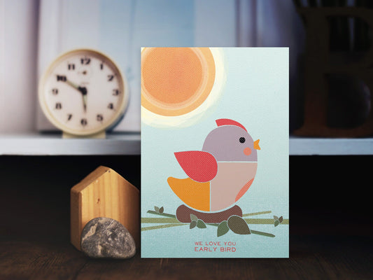 Klappkarte ›We Love You Early Bird‹ / Karte, Grusskarte, Liebe, Gruß, Geburt, Geburtstag, Baby, Taufe, Vogel, Sonne, Bunt