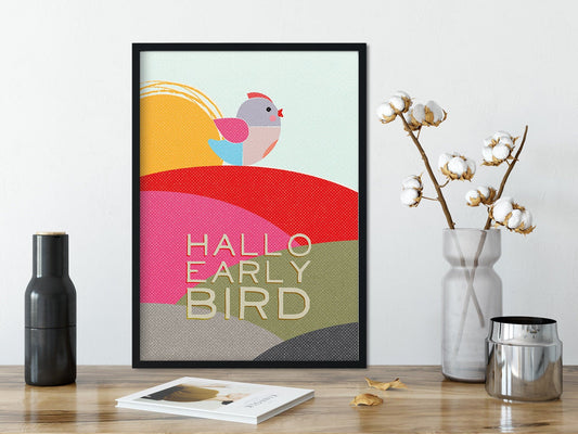 DRUCK ›Hallo Early Bird‹ / Wanddeko, Art Print, Liebe, Gruß, Geburt, Geburtstag, Baby, Taufe, Vogel, Sonne, Bunt, Vogel, Retro, Wandbild