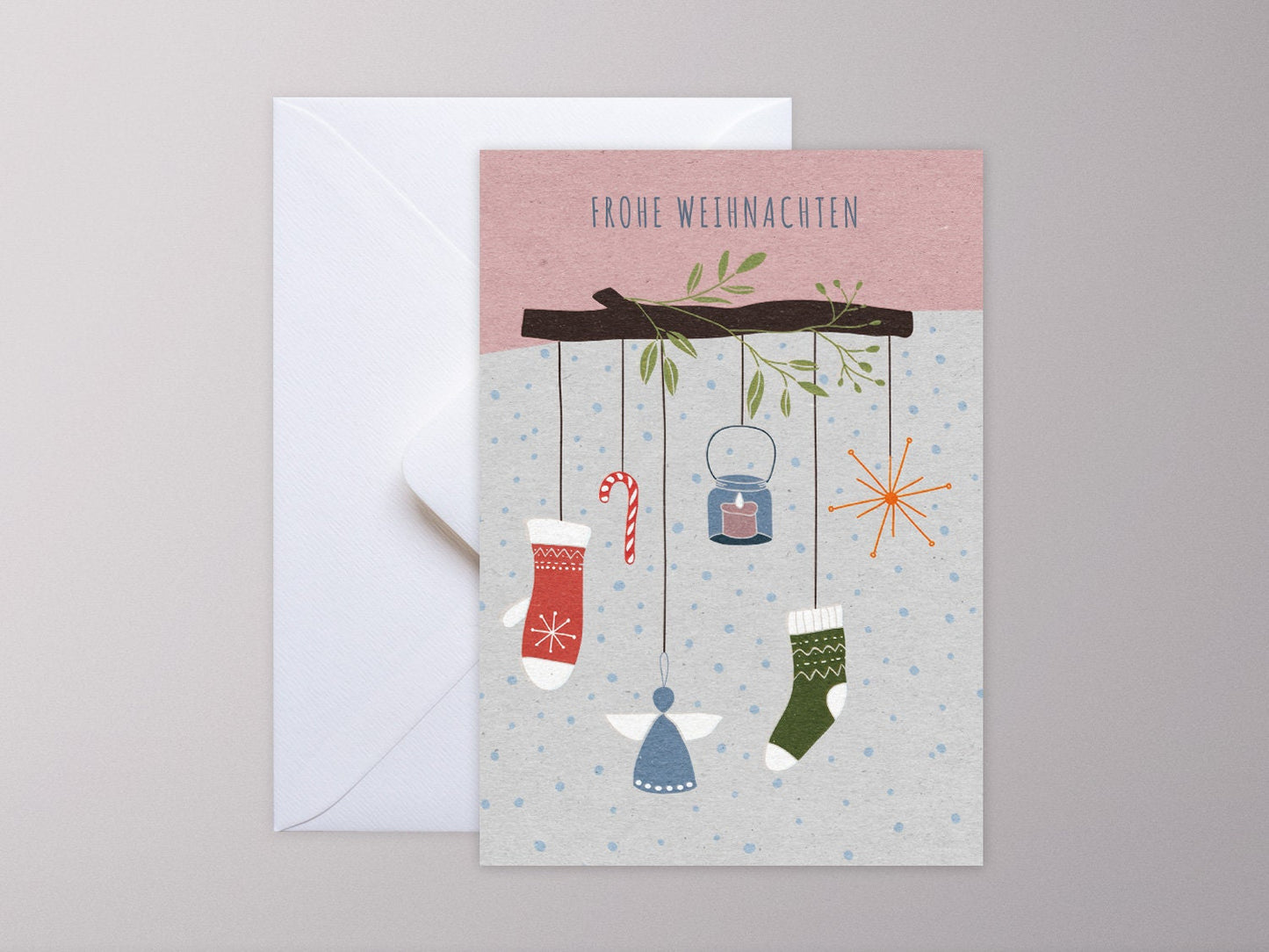 Weihnachtskarte ›WEIHNACHTSZWEIG‹, Klappkarte, Frohes Fest, winterlich, Engel, Kerzenschein, Nikolausstrumpf, Handschuh, Zuckerstange