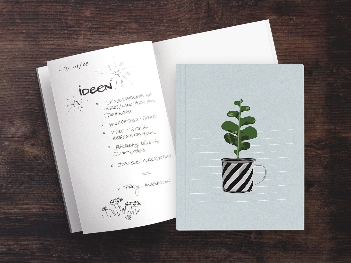 Notizheft ›Tasse mit Sukkulente‹, mit Retro Illustration für deine Notizen und Ideen