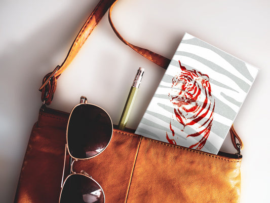 Schmales Notizheft ›Roter Tiger‹, Notebook, Skizzenbuch, Muster, Abenteuer, Retro, Reisebegleiter, Tier