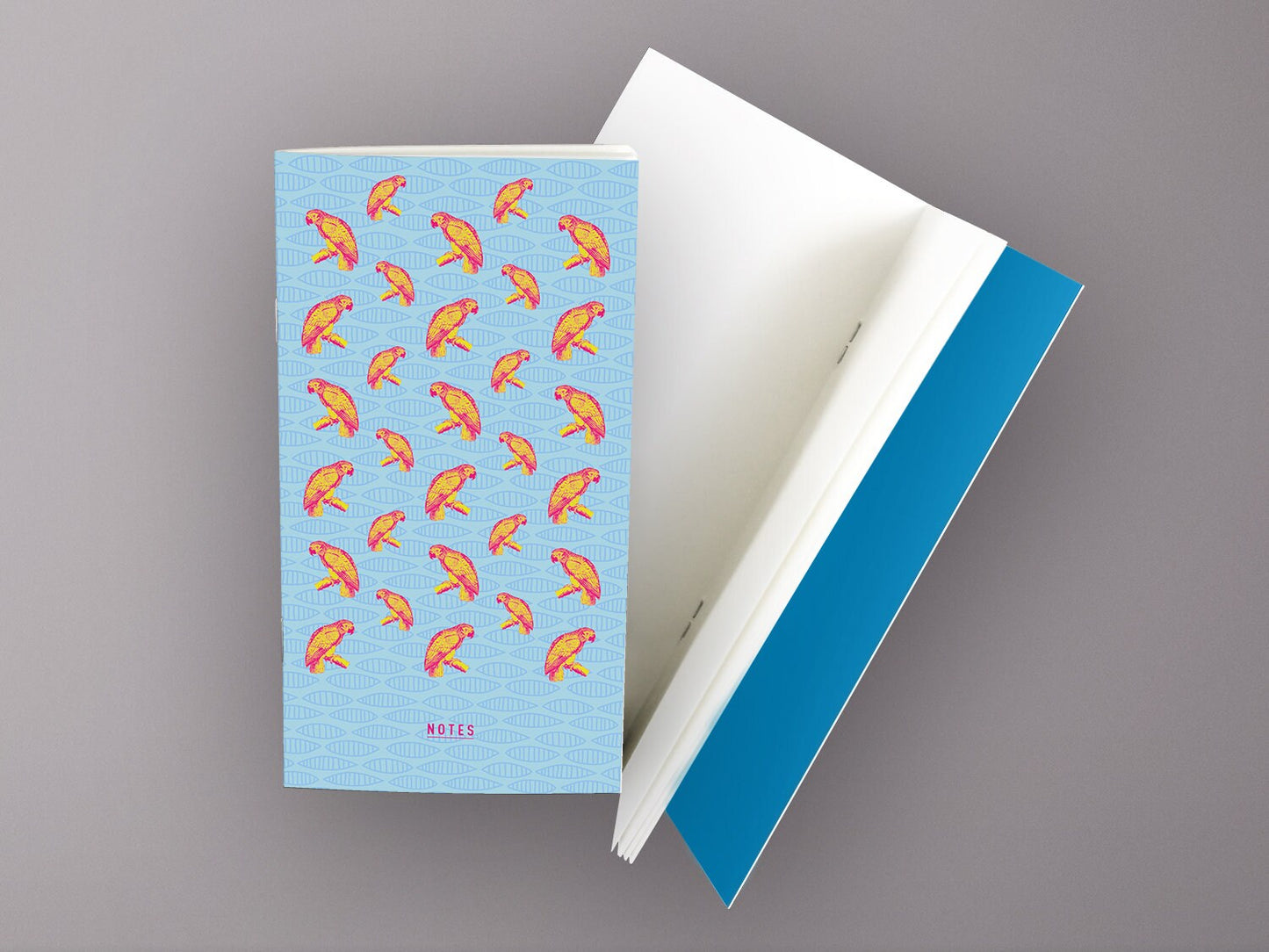 Schmales Notizheft ›Papagei‹, Notebook, Skizzenbuch, Reisebegleiter, Kunst, Muster, Bunt, Ethno, kleines Geschenk