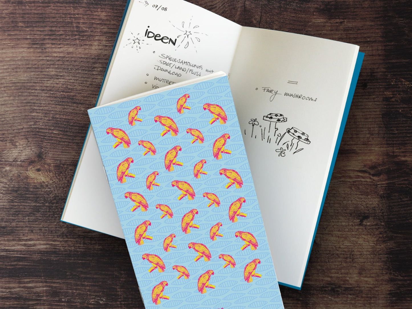 Schmales Notizheft ›Papagei‹, Notebook, Skizzenbuch, Reisebegleiter, Kunst, Muster, Bunt, Ethno, kleines Geschenk