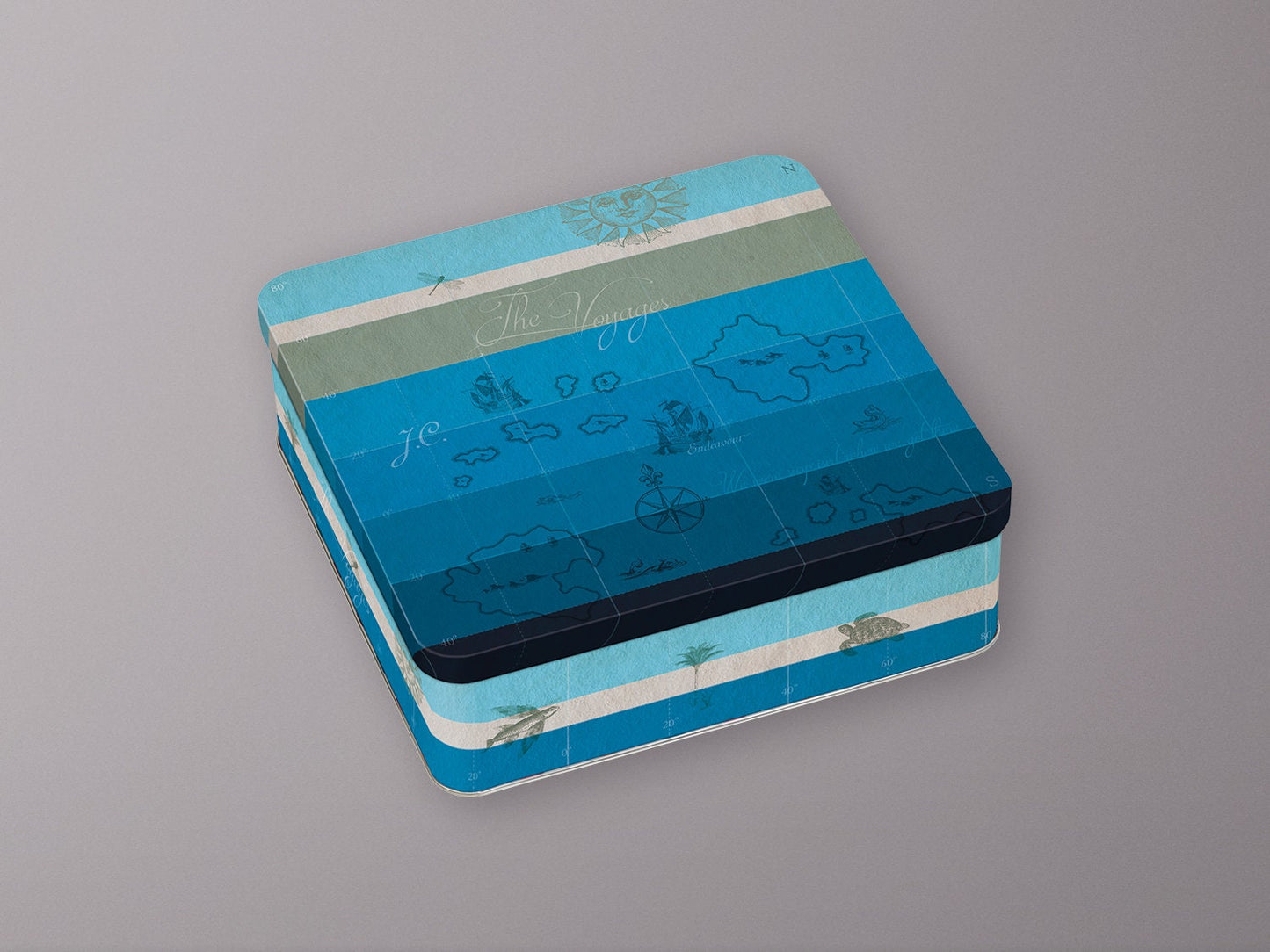 Geschenkdose The Voyage, Metalldose, Schiff, Streifen, Landkarte, modern, blau, Reise