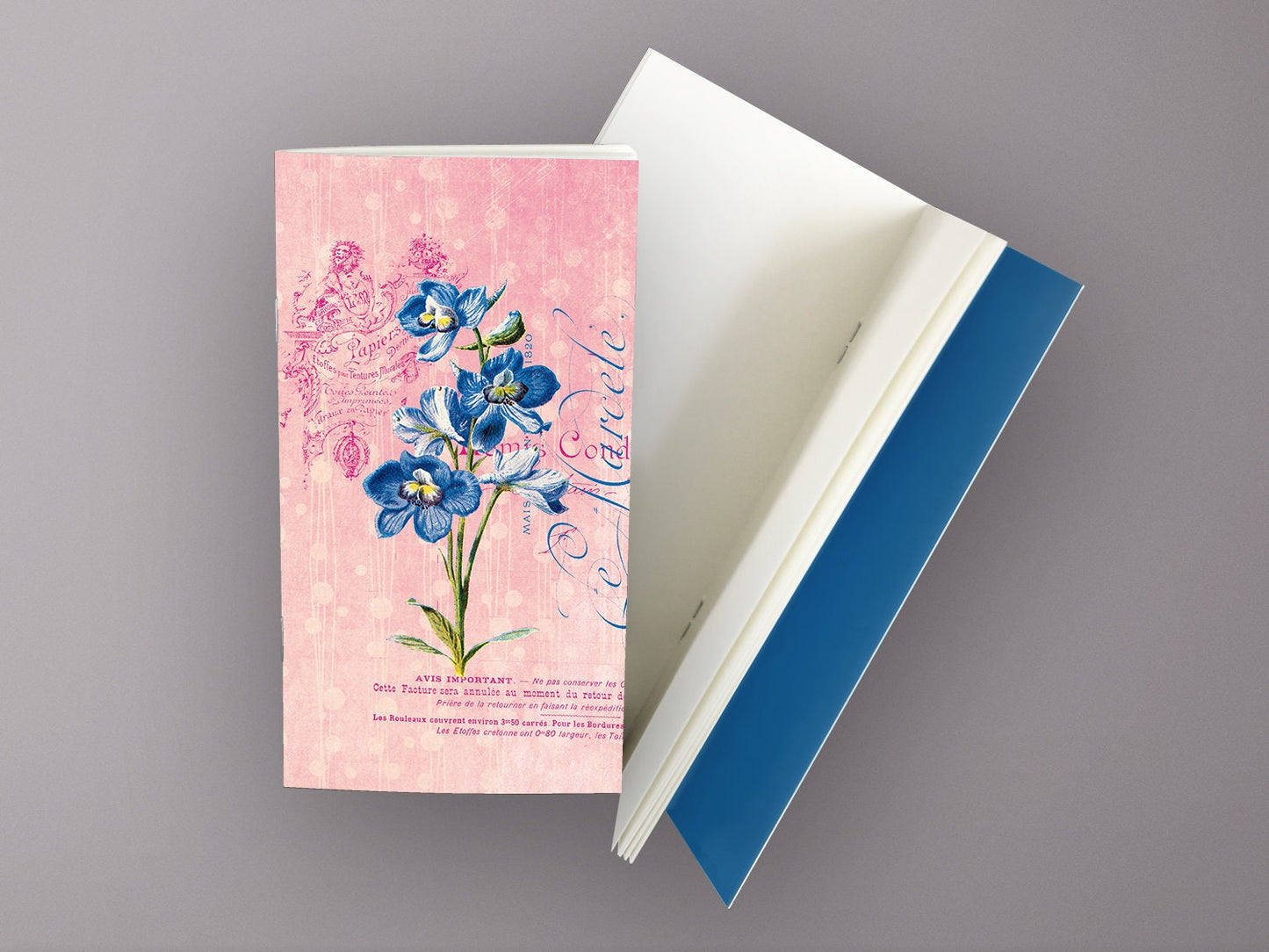 Schmales Notizheft ›Blaue Blume‹, Notebook, Skizzenbuch, Floral, Pflanze, Retro, Reisebegleiter, Kunst