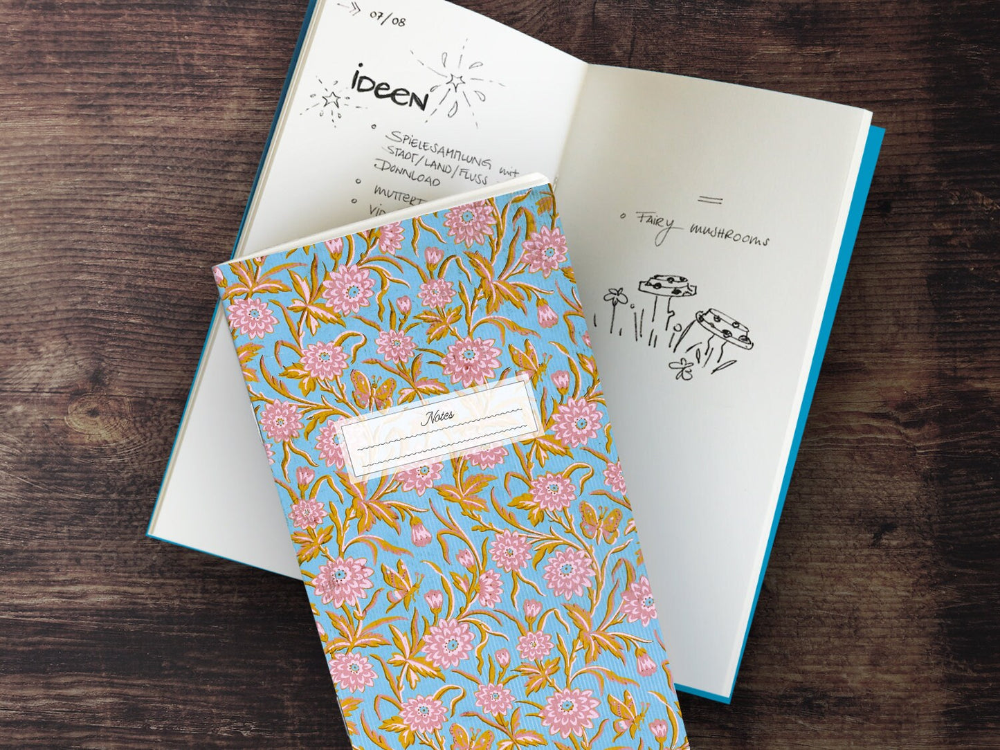 Schmales Notizheft ›Rosa Blüten‹, Notebook, Skizzenbuch, Reisebegleiter, Muster, Klassisch, Edel, Blüten, Tapete