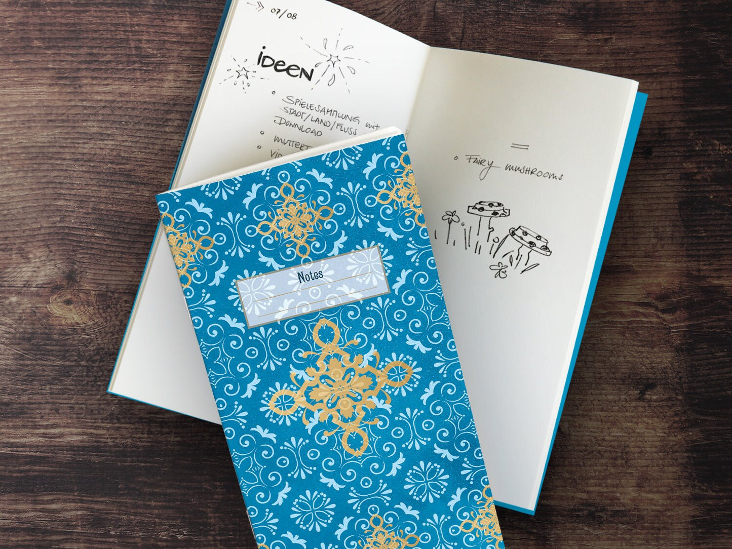Schmales Notizheft ›Blaues Ornament‹, Notebook, Skizzenbuch, Reisebegleiter, Kunst, Muster, Klassisch, Edel, reduziert, Gold, Journal