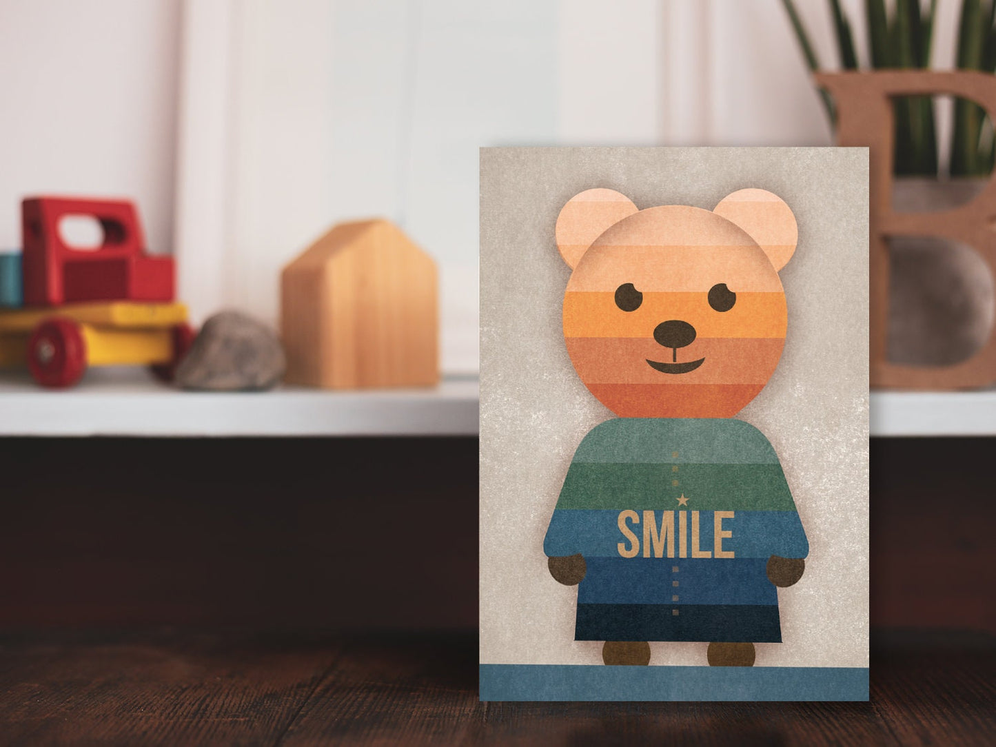Postkarte ›Bär‹, Smile, Streifen, Lächeln, Teddybär, Kind, Geburtstag, Liebe, Freundschaft, Held