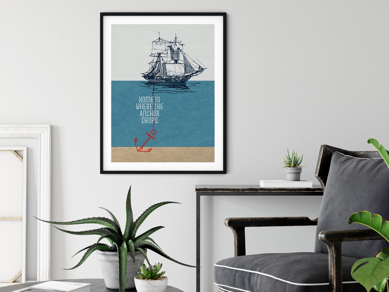 DRUCK ›HOME IS where the anchor drops‹ / Wanddeko, Art Print, Gastgeschenk Poster, Umzug, Einzug, kleines Geschenk, Schiff, Anker, Quote