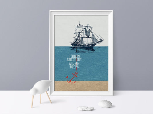 DRUCK ›HOME IS where the anchor drops‹ / Wanddeko, Art Print, Gastgeschenk Poster, Umzug, Einzug, kleines Geschenk, Schiff, Anker, Quote