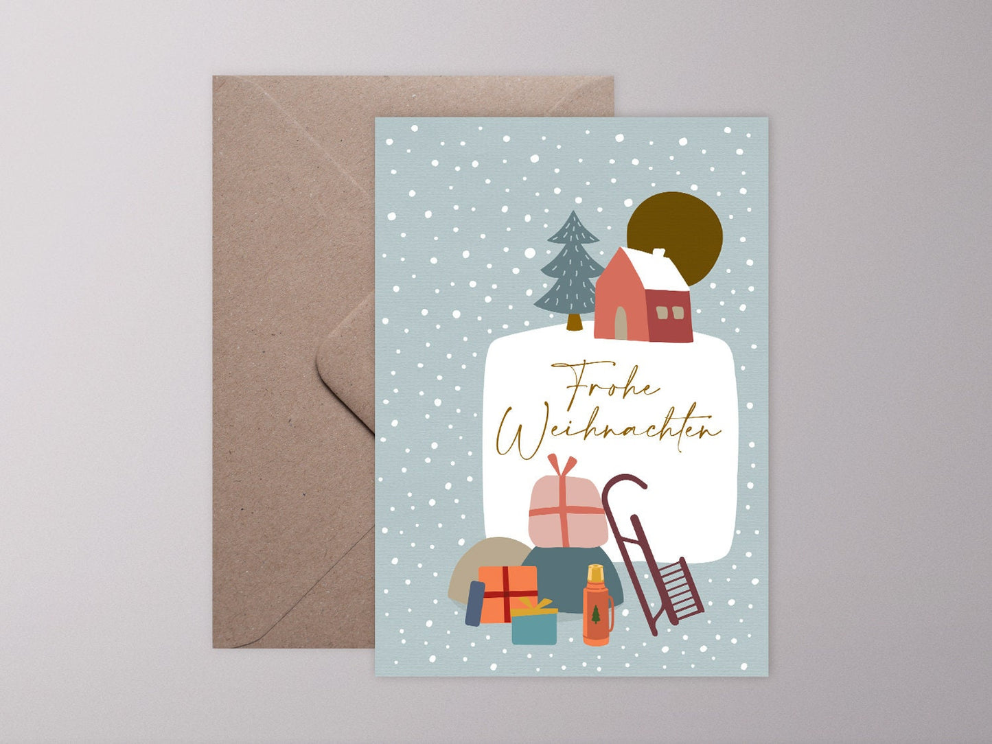 Weihnachtskarte ›GESCHENKEBERG‹, Klappkarte, Frohes Fest, Frohe Weihnachten, winterlich, Geschenk, Schlitten