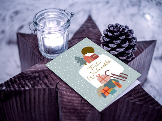 Weihnachtskarte ›GESCHENKEBERG‹, Klappkarte, Frohes Fest, Frohe Weihnachten, winterlich, Geschenk, Schlitten