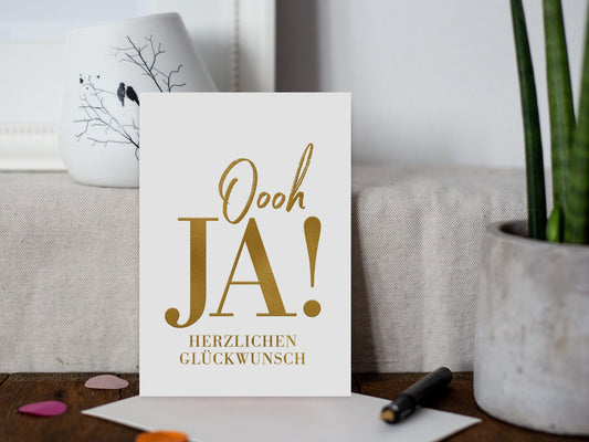 Postkarte ›Oooh JA! HERZLICHEN GLÜCKWUNSCH‹, Gratulation, Hochzeit, Liebe, Geburtstag, Heißfolienprägung in Gold, festlich