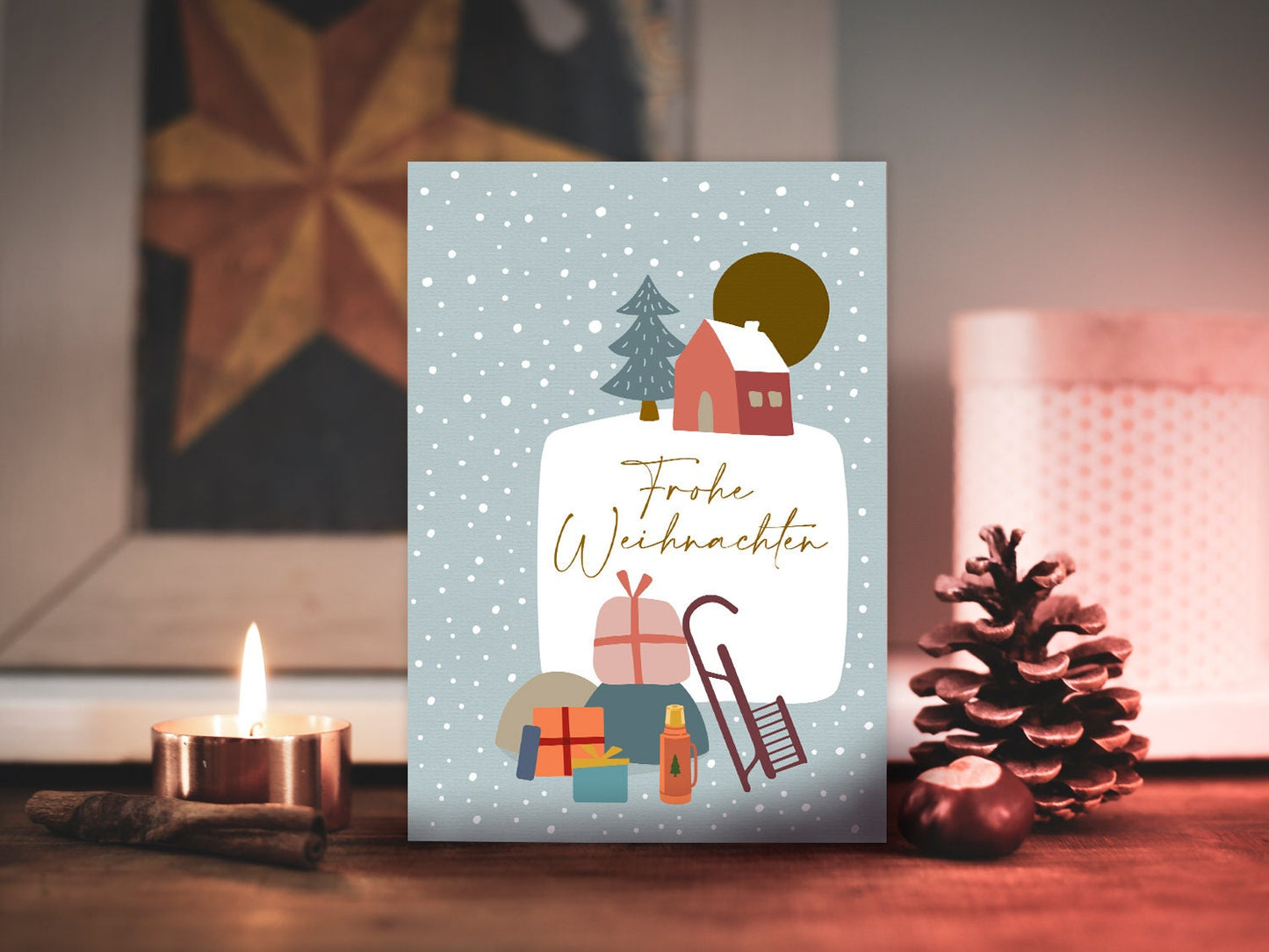 Weihnachtskarte ›GESCHENKEBERG‹, Klappkarte, Frohes Fest, Frohe Weihnachten, winterlich, Geschenk, Schlitten