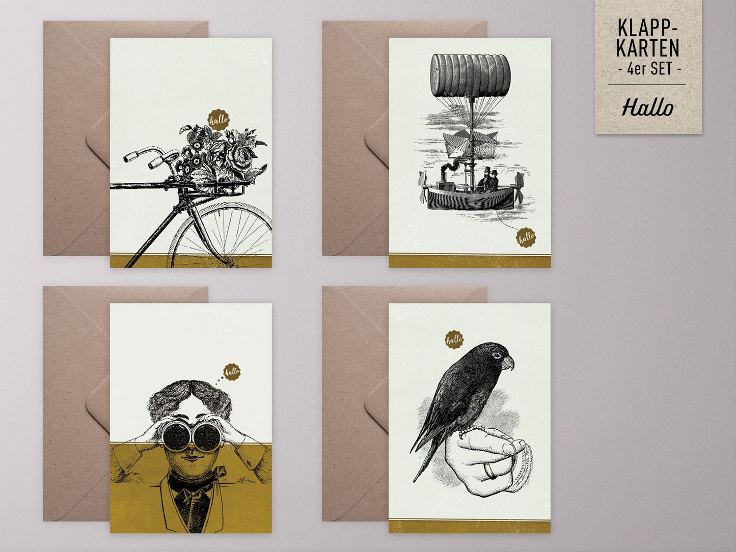 Grußkarten-Set ›HALLO‹, Vintage Illustration mit Fahrrad, Luftschiff und Papagei