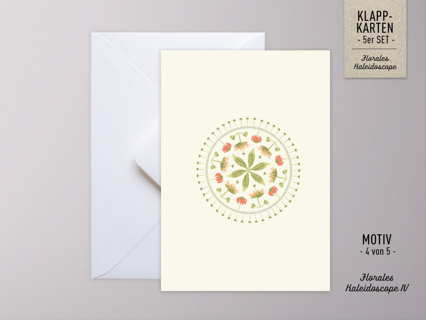 Grußkarten-Set ›FLORALES KALEIDOSCOPE‹, skandi Muster, clean, reduziert in hellen Farben