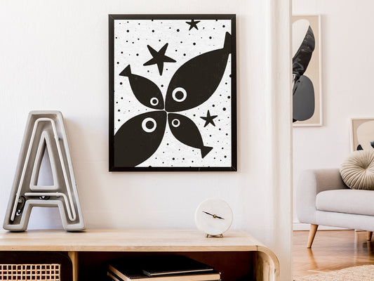 Digital Artwork ›Fish and Starfish 01‹ / Wanddeko, Digitales Poster, skandinavisch, reduziert, s/w, druckbarer Digital Download – jede Größe