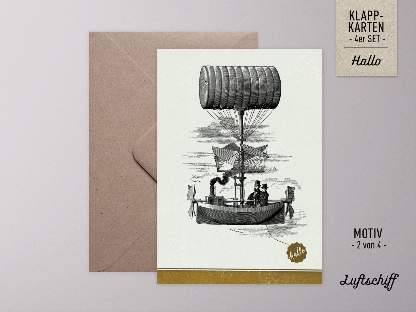 Grußkarten-Set ›HALLO‹, Vintage Illustration mit Fahrrad, Luftschiff und Papagei