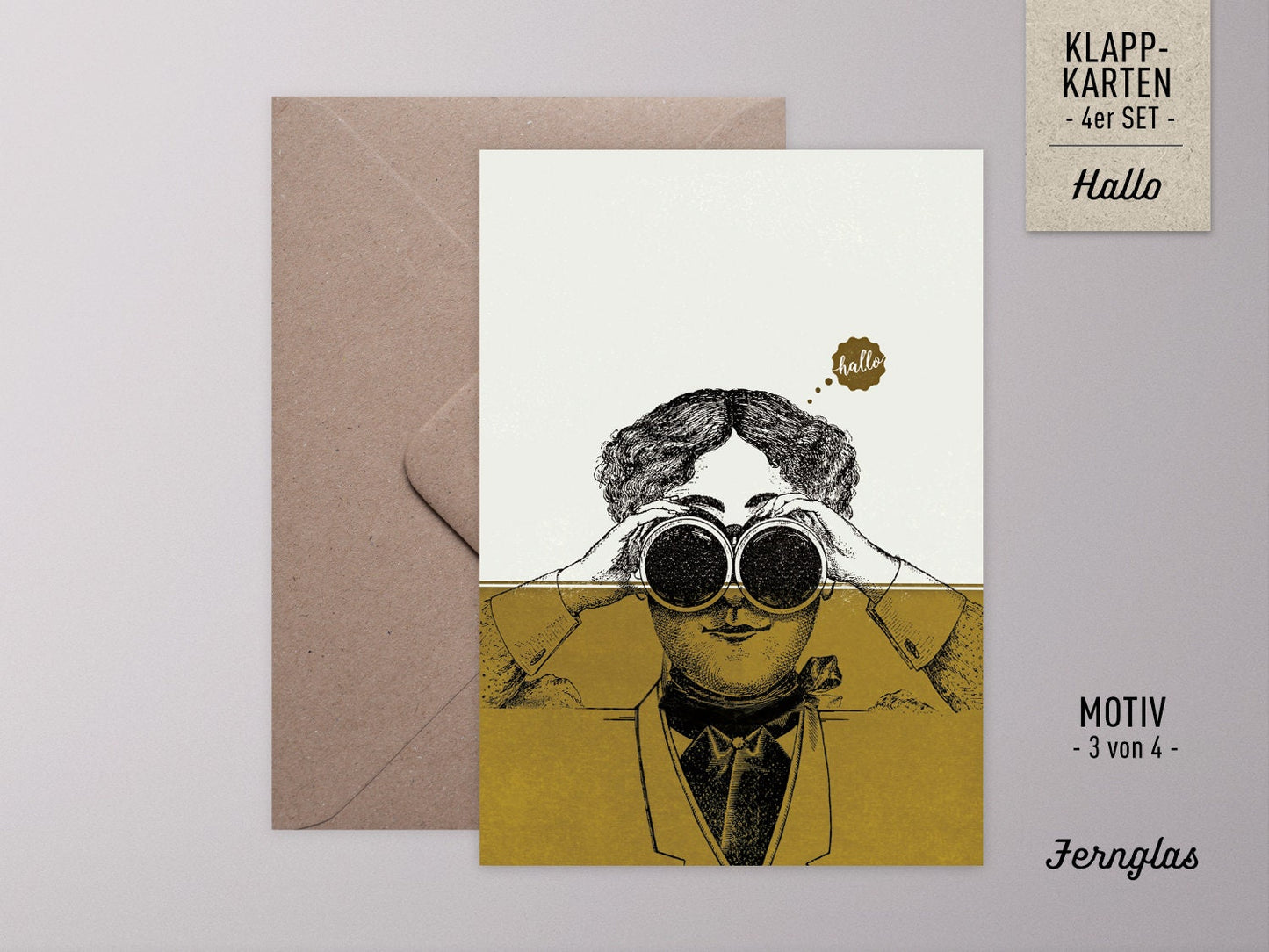 Grußkarten-Set ›HALLO‹, Vintage Illustration mit Fahrrad, Luftschiff und Papagei