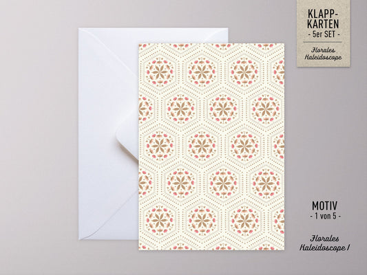 Grußkarten-Set ›FLORALES KALEIDOSCOPE‹, skandi Muster, clean, reduziert in hellen Farben