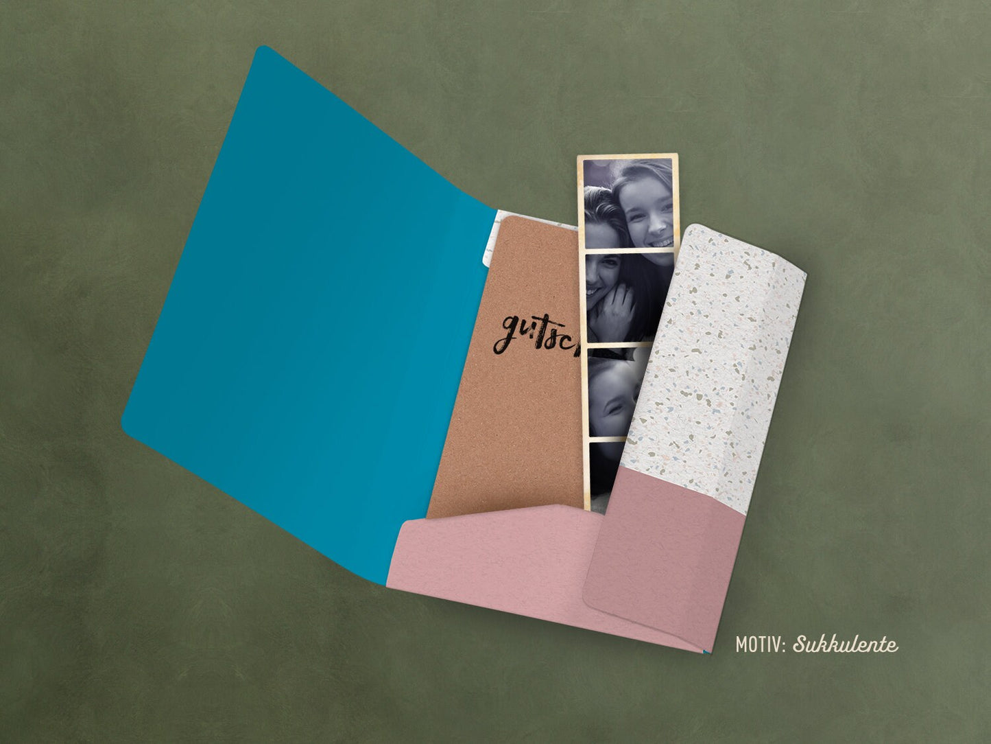 Mini-Sammelmappe ›Pflanzen‹; kleiner Ordnungshelfer, Gutscheinmappe, Geschenk, Reisebegleiter, Sukkulente, Emaille-Tasse