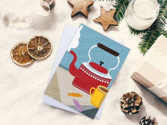 Winter-Grußkarte ›Tee‹ / Klappkarte, Weihnachten, Frohes Fest, Frohe Weihnachten, Merry X-mas, winterlich, romantisch, retro