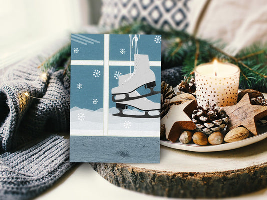 Weihnachtskarte ›Schlittschuhe‹, Klappkarte, Frohes Fest, Frohe Weihnachten, winterlich, romantisch