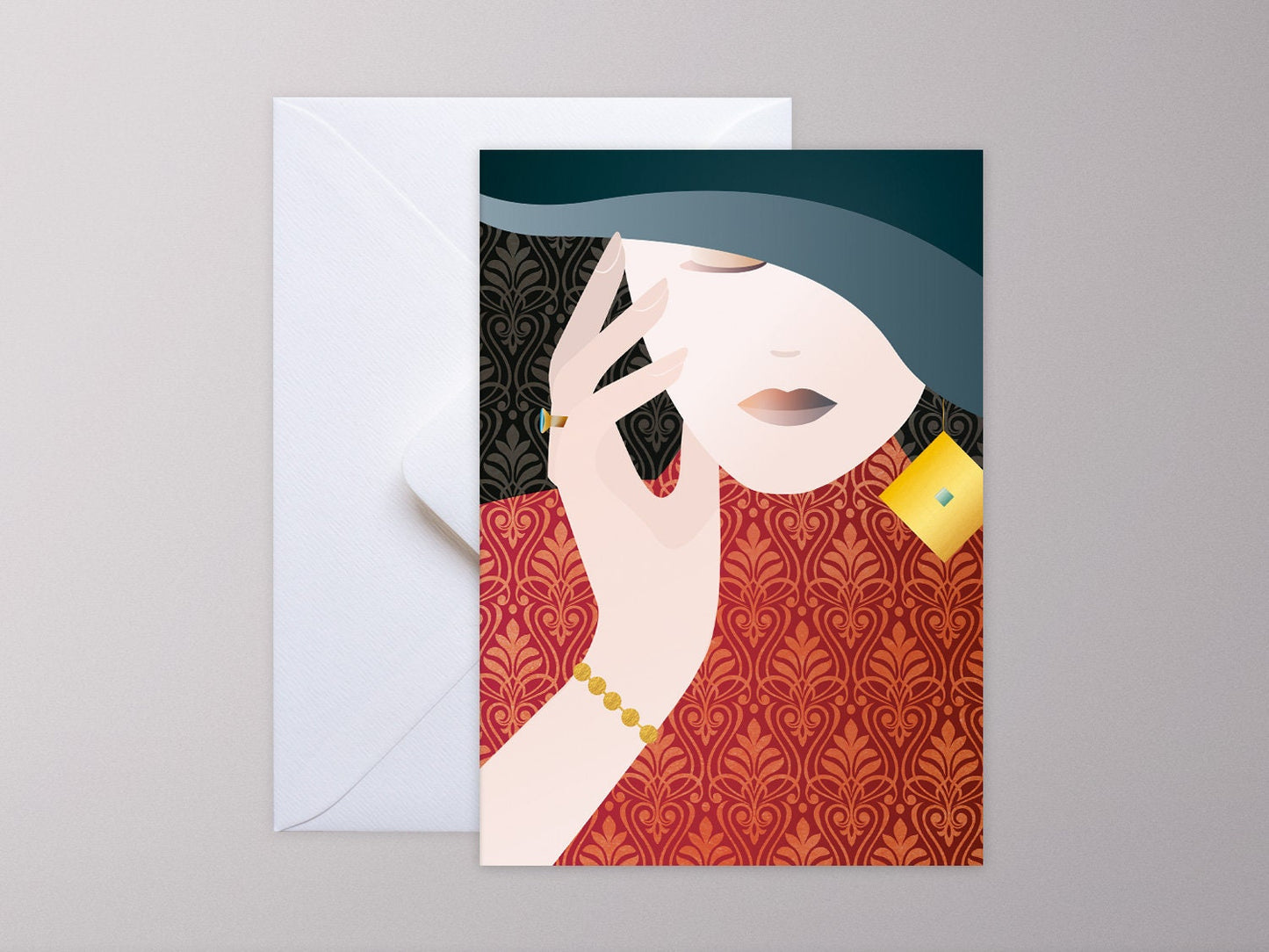 Grußkarte ›Dame mit Hut‹, Macht der Liebe, retro, art déco, romantisch, Schmuck