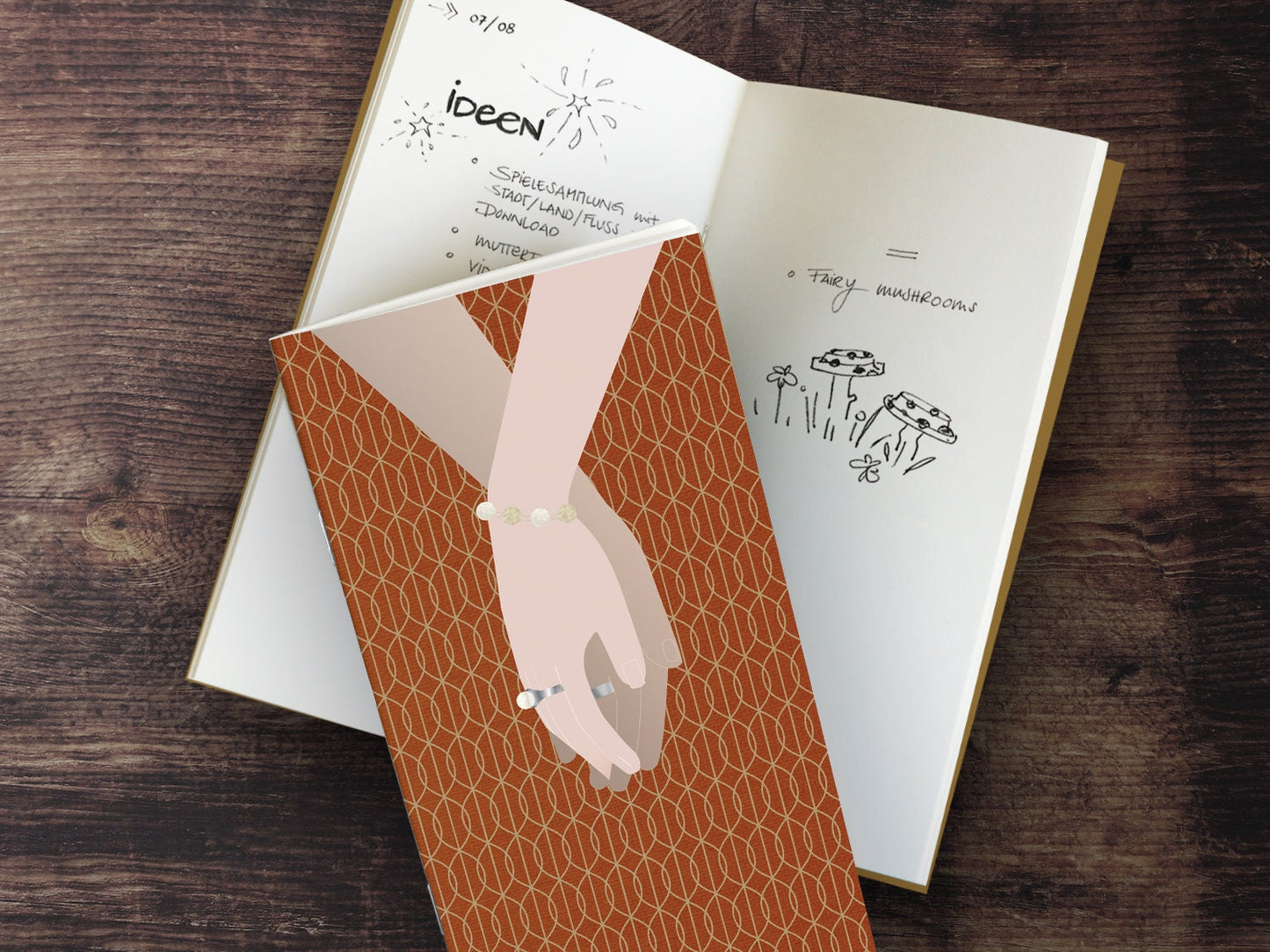 Schmales Notizheft ›Hand in Hand‹, Notebook, Skizzenbuch, Reisebegleiter, Muster, 20er Jahre, Klassisch, Art Déco, Liebe