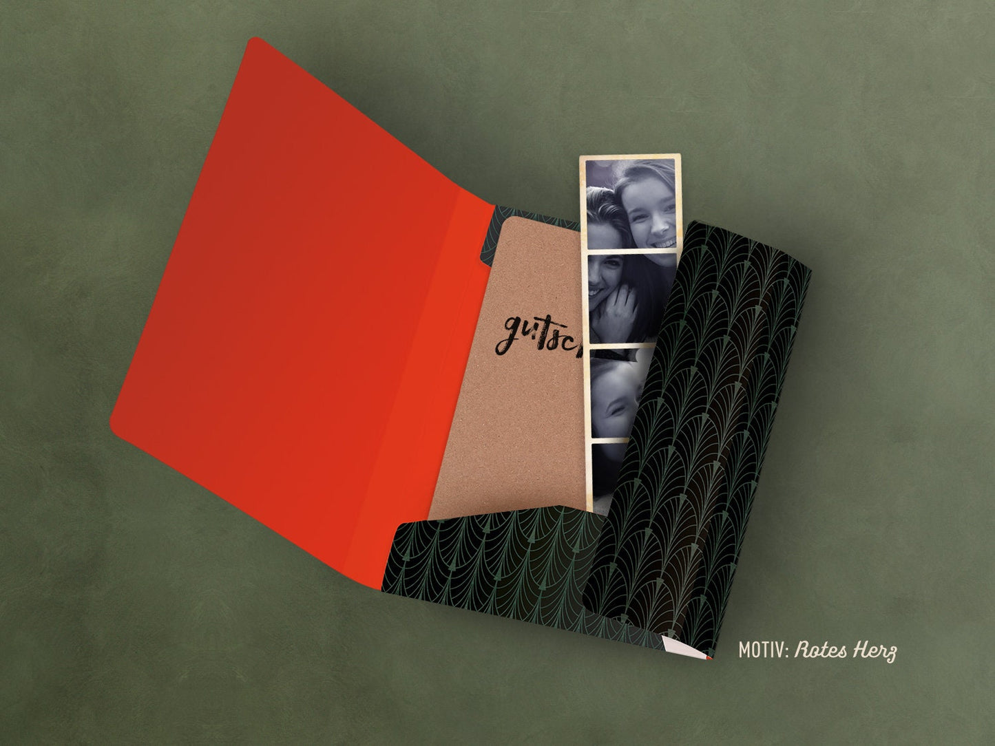 Mini-Sammelmappe ›Macht der Liebe‹; kleiner Ordnungshelfer, Gutscheinmappe, Geschenk, Reisebegleiter, Feder