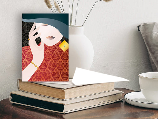 Grußkarte ›Dame mit Hut‹, Macht der Liebe, retro, art déco, romantisch, Schmuck