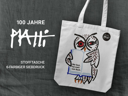 Stofftasche Piatti, ›Wer liest hat mehr vom Buch‹, Eulen Illustration, Siebdruck, Picknick, Tote Bag, Accessoire