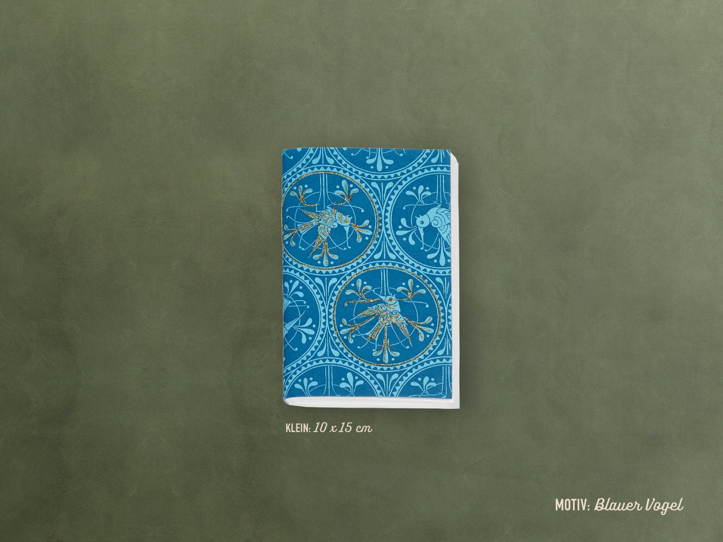 Besticktes Notizheft ›Blauer Vogel‹; edles Journal, Geschenk, Reisebegleiter, bunt, Ornament