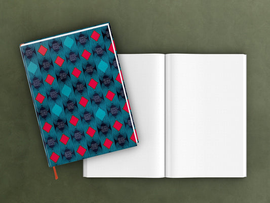 edles Notizbuch mit elegant schimmerndem Kashgar-Leinen bezogen und Lesebändchen, Wax, Geschenk, Stoffmuster, Muster, Afrika, Karo