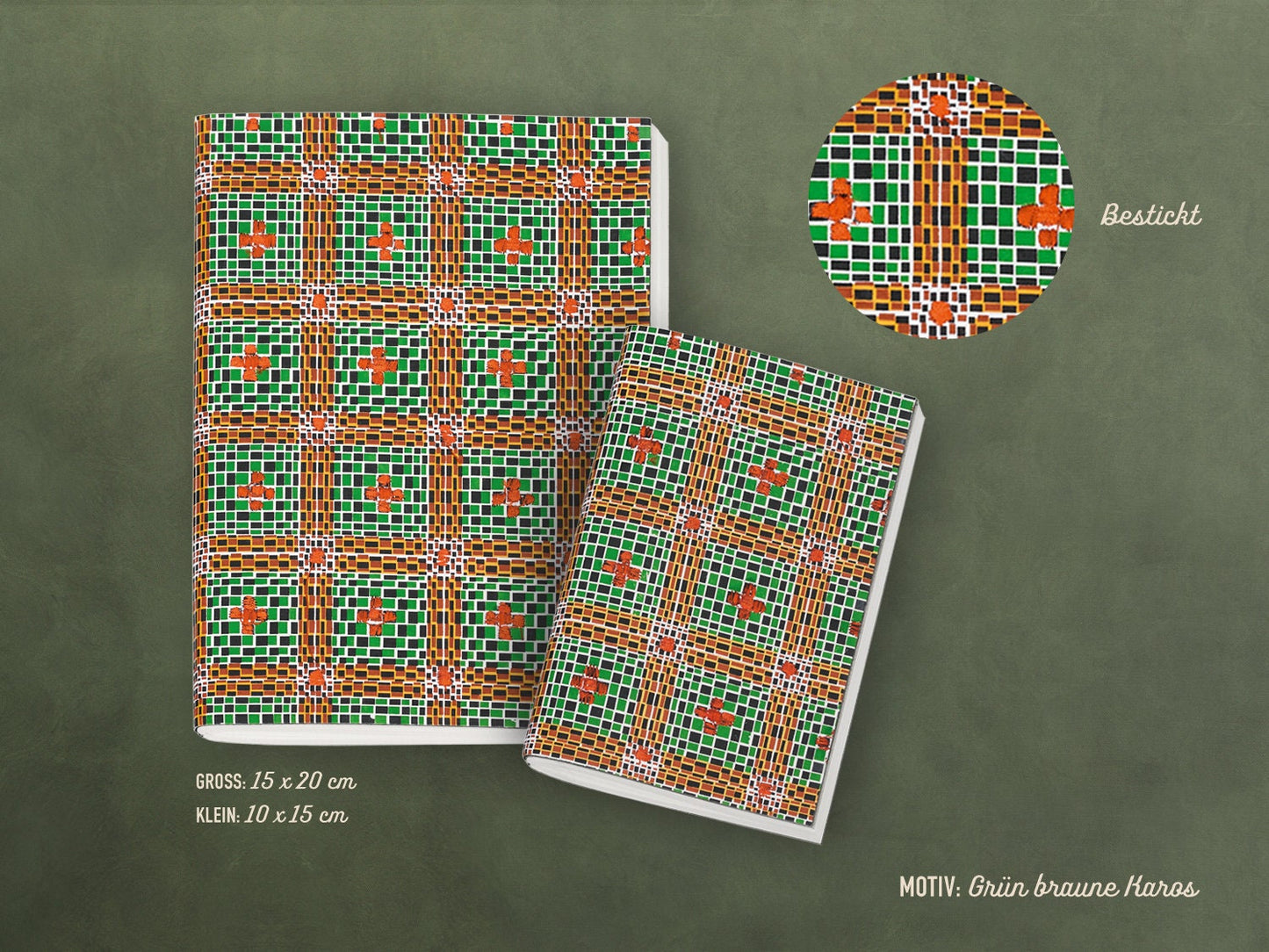 Besticktes Notizheft ›Karos‹; edles Journal, Geschenk, Reisebegleiter, bunt, Muster, Wax