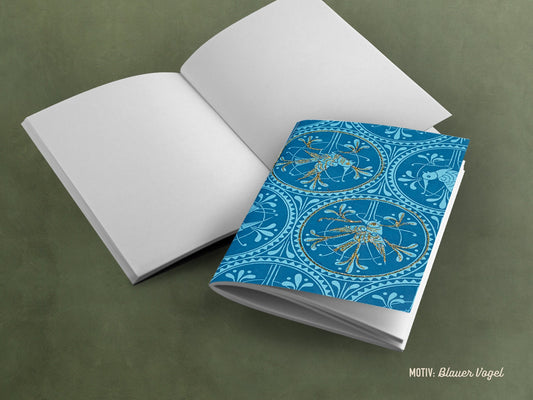 Besticktes Notizheft ›Blauer Vogel‹; edles Journal, Geschenk, Reisebegleiter, bunt, Ornament