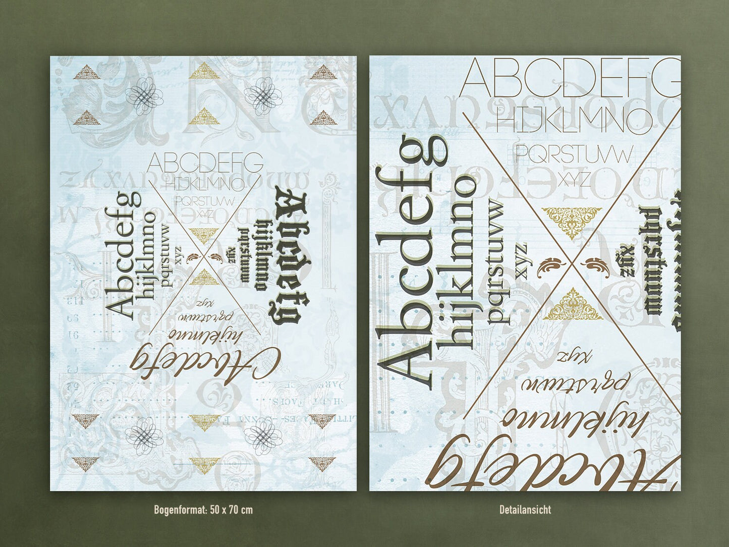 Geschenkpapier Set, Alphabet: 10 Bögen mit 5 Motiven, 50 x 70 cm, Typo, Retro, Vintage, Zahlen, ABC, Ephemera, Collage, verpacken