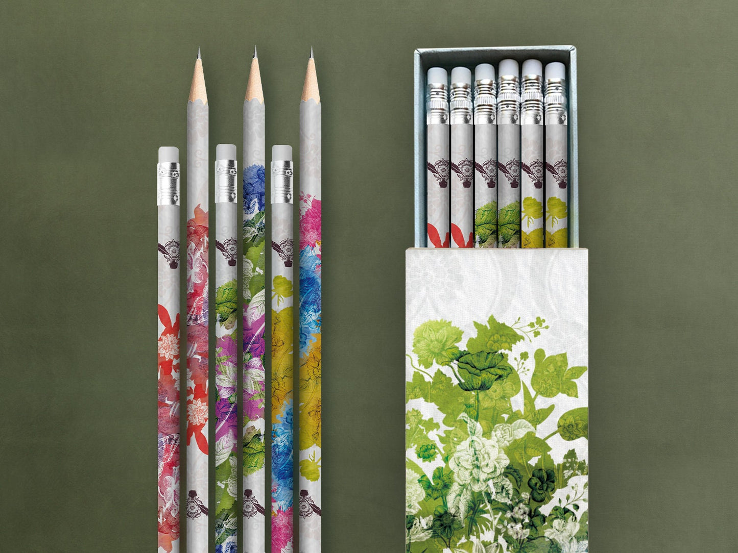 Bleistifte in Geschenkschuber ›Shakespeares Gärten‹, zeichnen, Blumenmuster, Vintage, Geschenk, edel, Bleistift-Set, Skizzieren