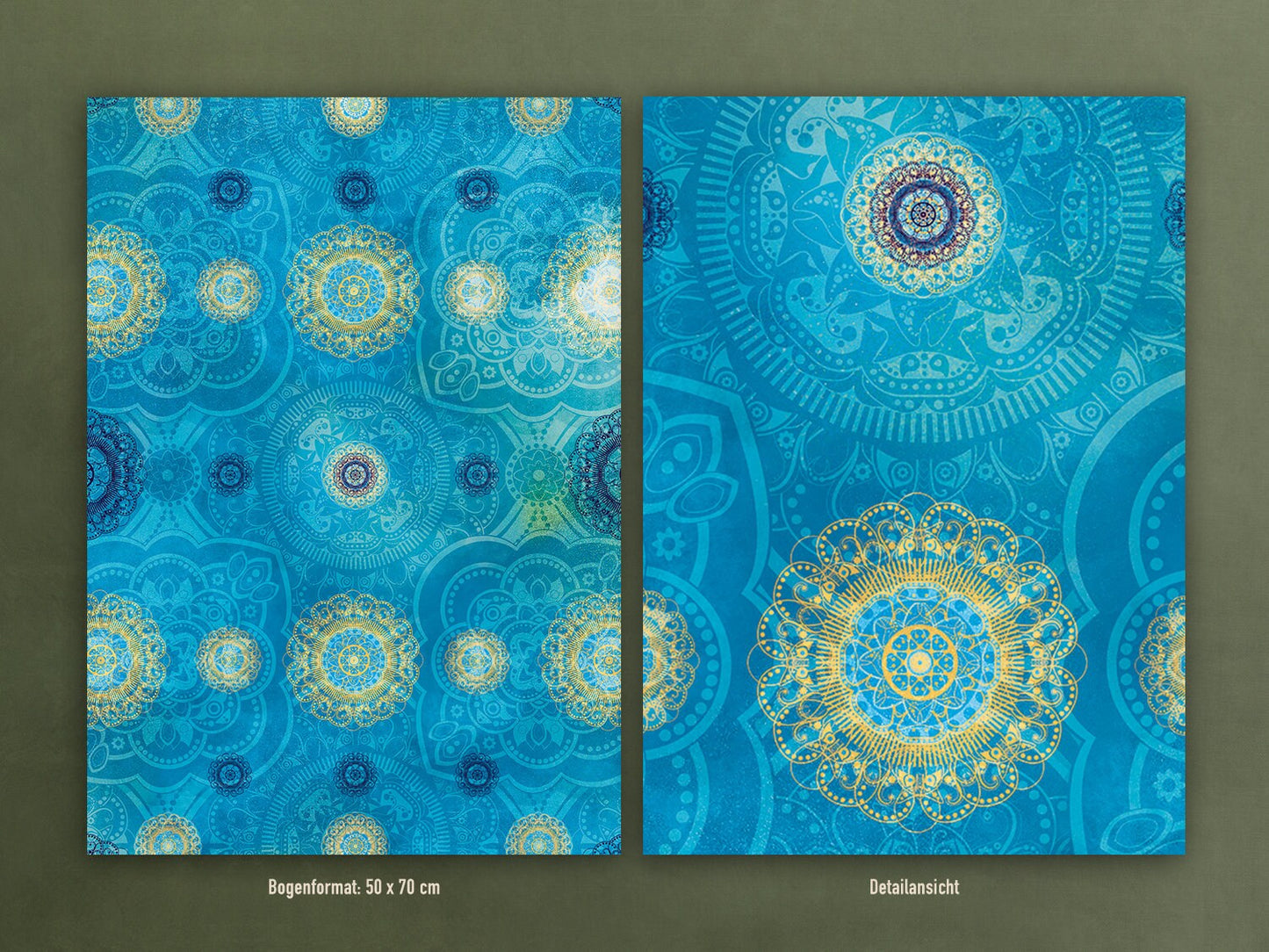 Geschenkpapier Set, Indien: 10 Bögen mit 5 Motiven, 50 x 70 cm, Mandal, Muster, Gold, Henna, türkis, Boho, verpacken