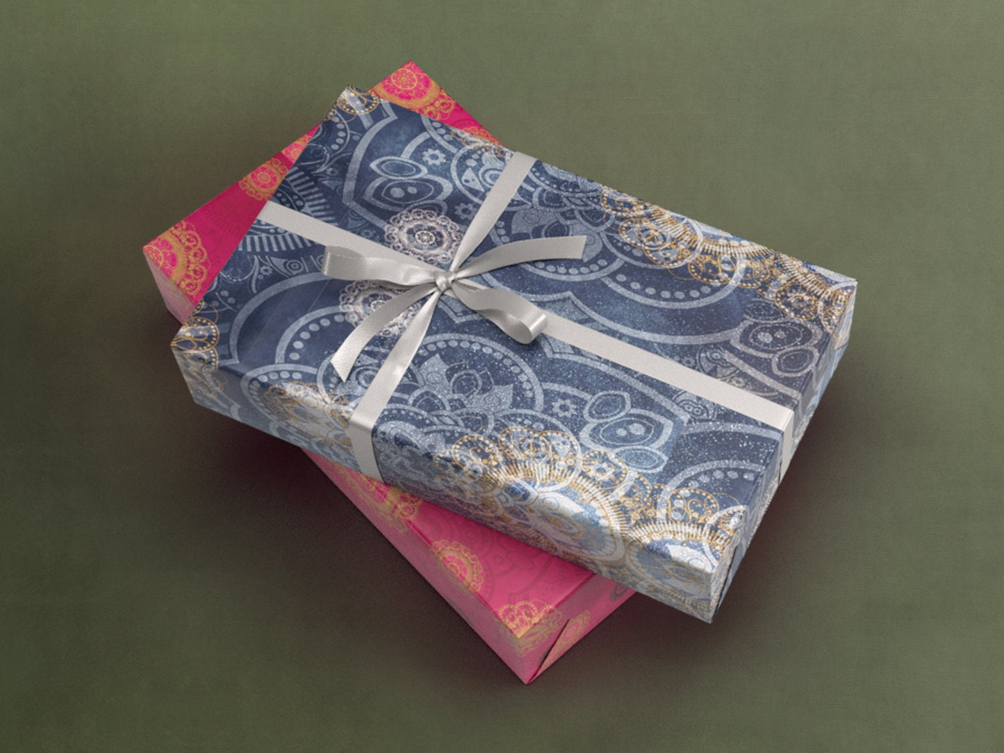 Geschenkpapier Set 02, Indien : 10 Bögen mit 5 Motiven, 50 x 70 cm, Mandal, Muster, Gold, Henna, Boho, Ethno, verpacken