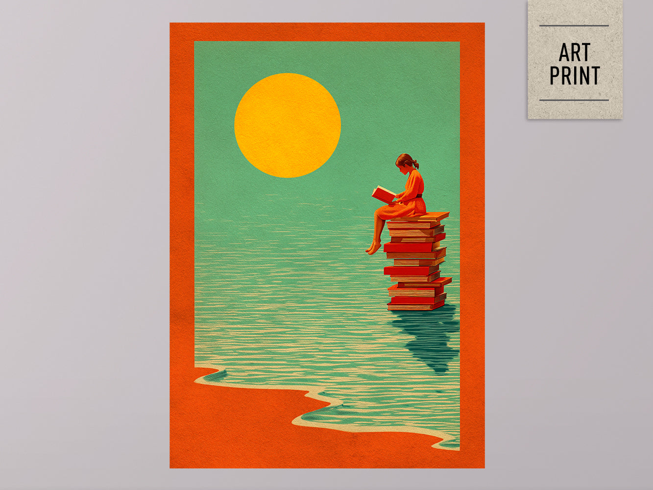 POSTER ›Reading Girl 01 / Wanddeko, Art Print, Kinderzimmer Poster, Sommer, Buch, Meer, Sonne, retro, lesen