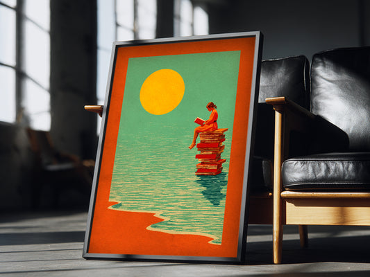 POSTER ›Reading Girl 01 / Wanddeko, Art Print, Kinderzimmer Poster, Sommer, Buch, Meer, Sonne, retro, lesen