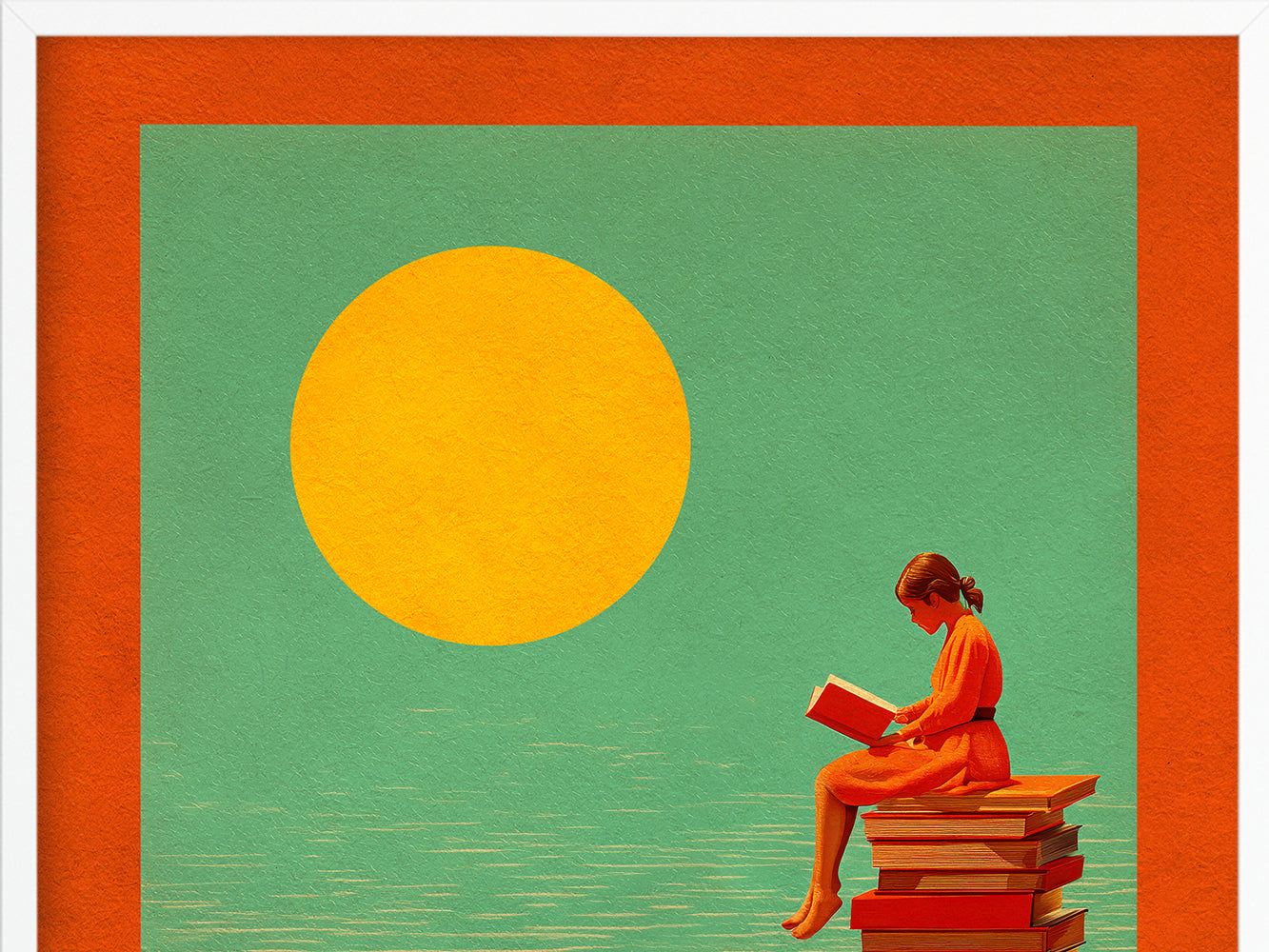 POSTER ›Reading Girl 01 / Wanddeko, Art Print, Kinderzimmer Poster, Sommer, Buch, Meer, Sonne, retro, lesen