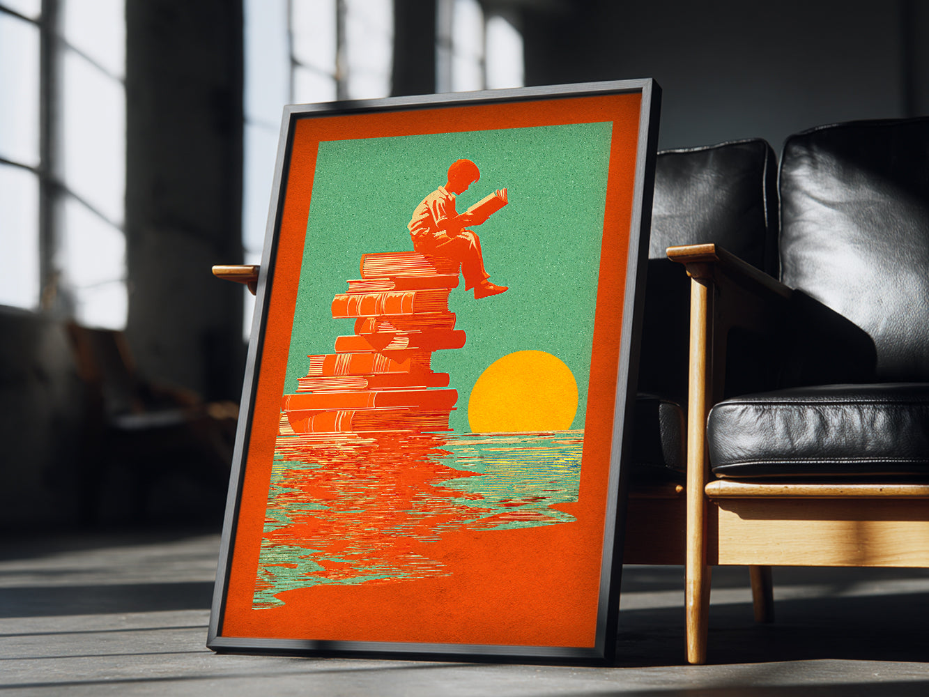 POSTER ›Reading Boy 02 / Wanddeko, Art Print, Kinderzimmer Poster, Sommer, Buch, Meer, Sonne, retro, lesen (Kopie)