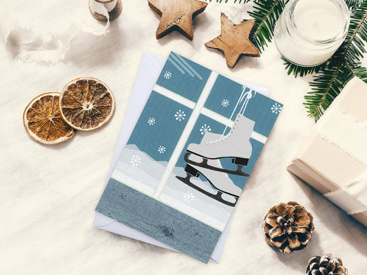 Weihnachtskarten-Set ›WINTER‹, mit Vintag Illustrationen Schlittschuhe, Ski, Tee und Muffin