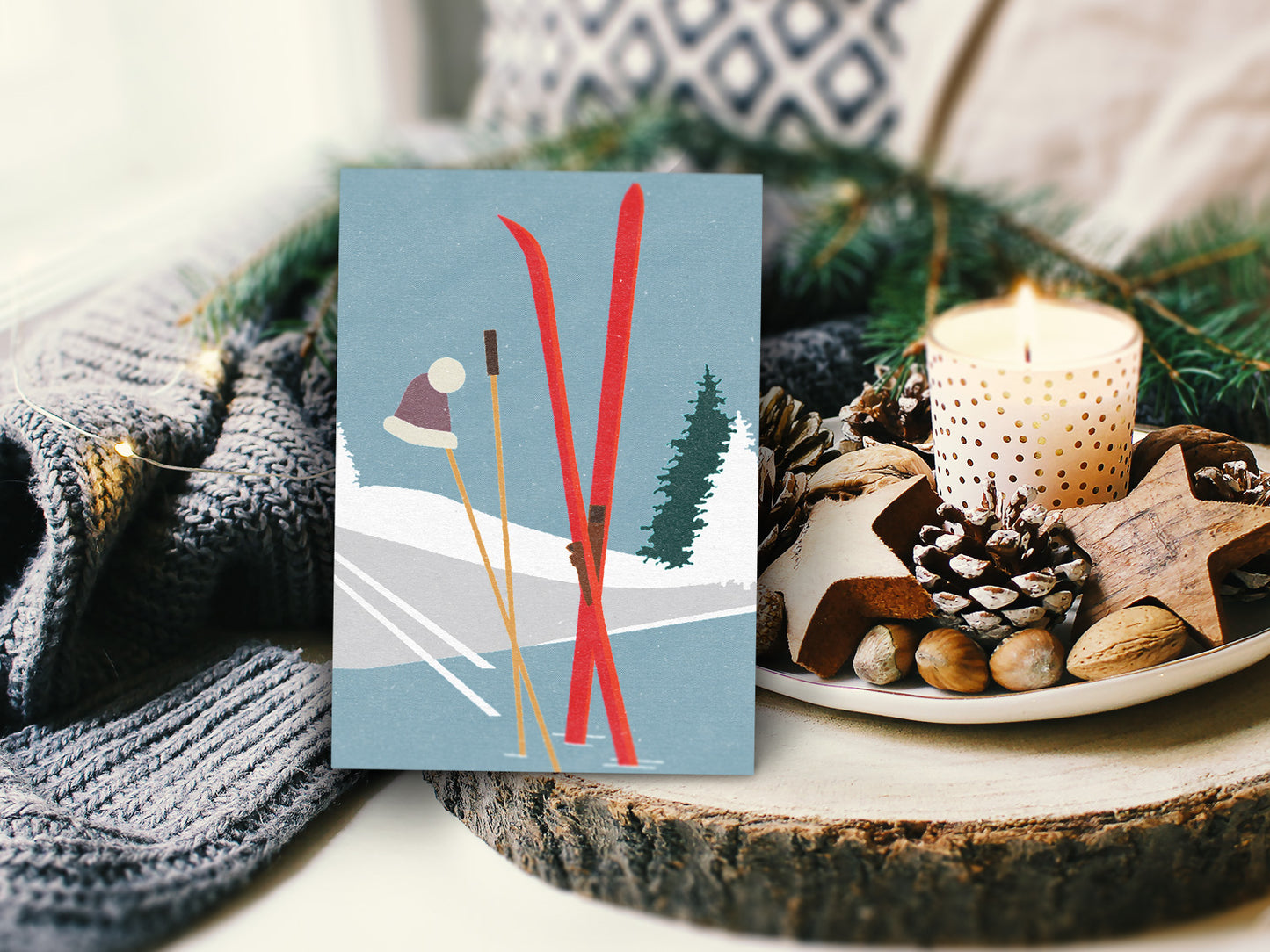 Weihnachtskarten-Set ›WINTER‹, mit Vintag Illustrationen Schlittschuhe, Ski, Tee und Muffin