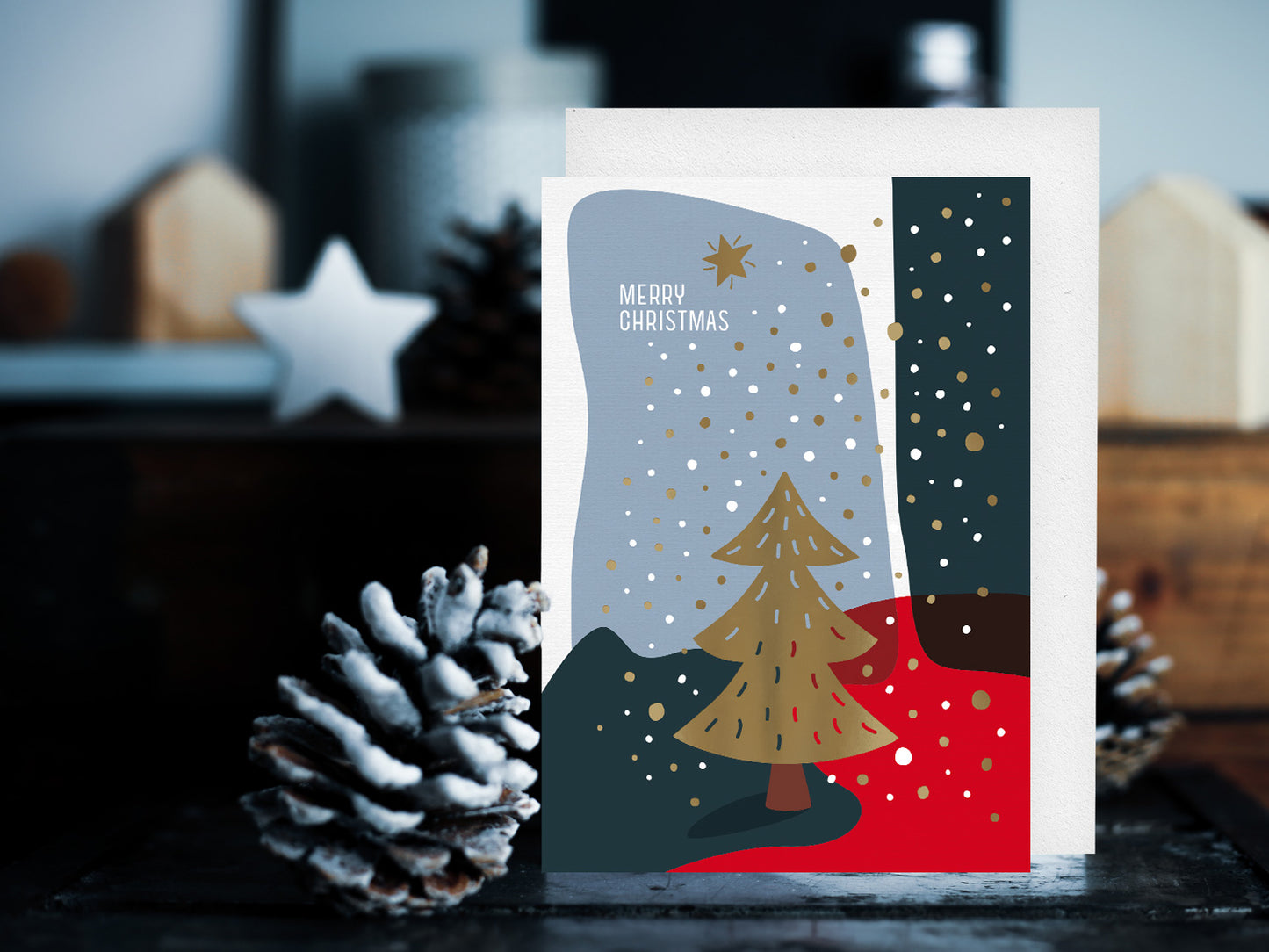 Weihnachtskarte ›Merry Christmas‹, Grußkarte mit Innenblatt und Goldveredelung, Retro Illustration